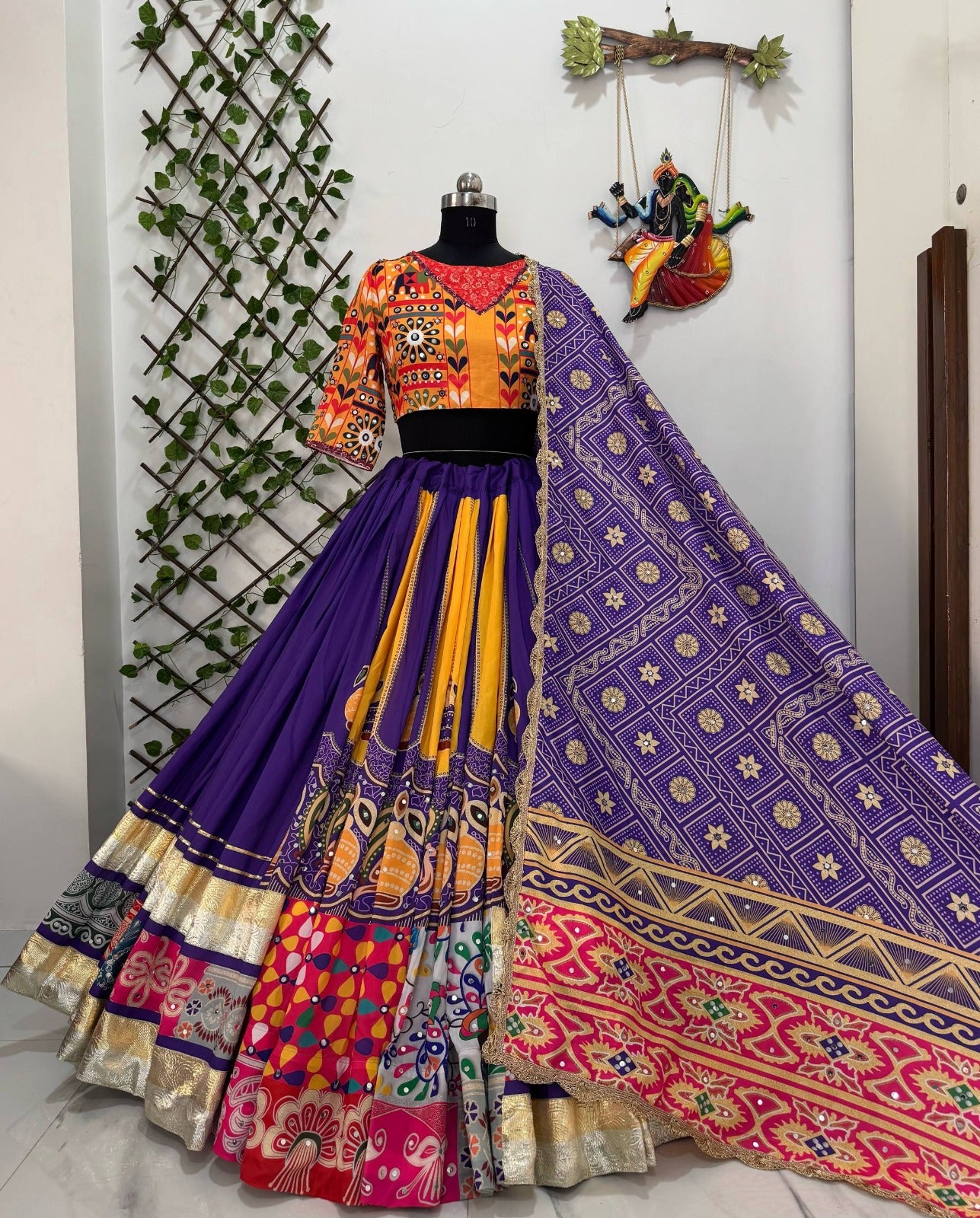 Purple & Multicolour Digital Print Mirror Work Muslin Cotton Lehenga Choli Set