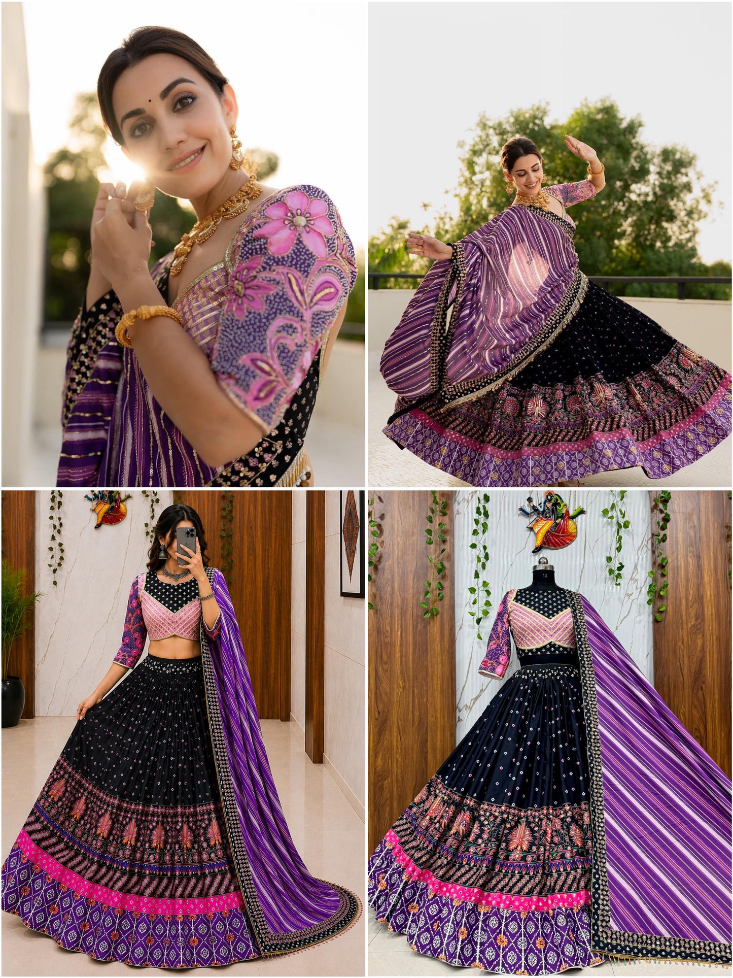 Black & Purple Digital Print Mirror Work Malai Silk Lehenga Choli Set with Dupatta