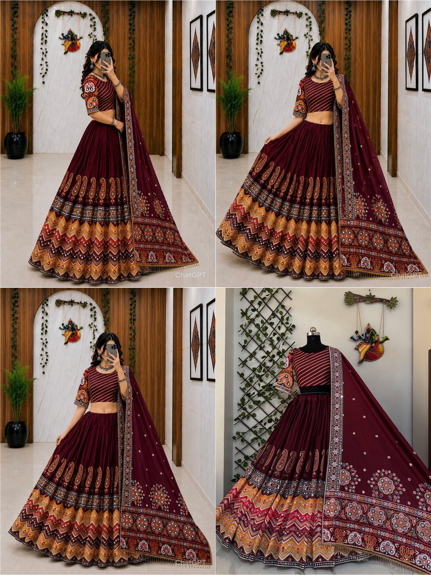 Wine Maroon Multicolour Digital Print Mirror Work Muslin Cotton Lehenga Choli Set