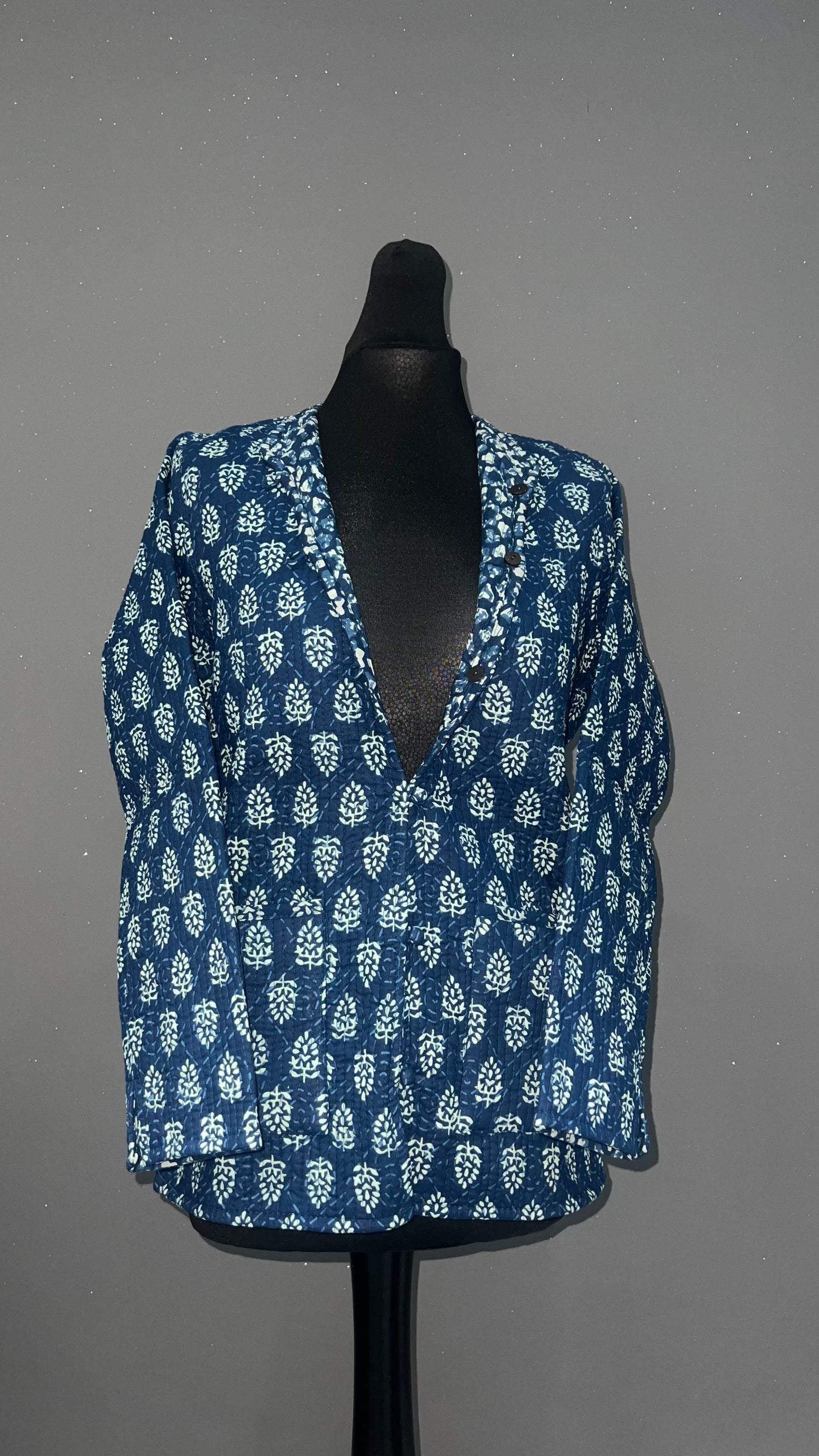 Navy Blue Floral Reversible Quilted Cotton Jacket