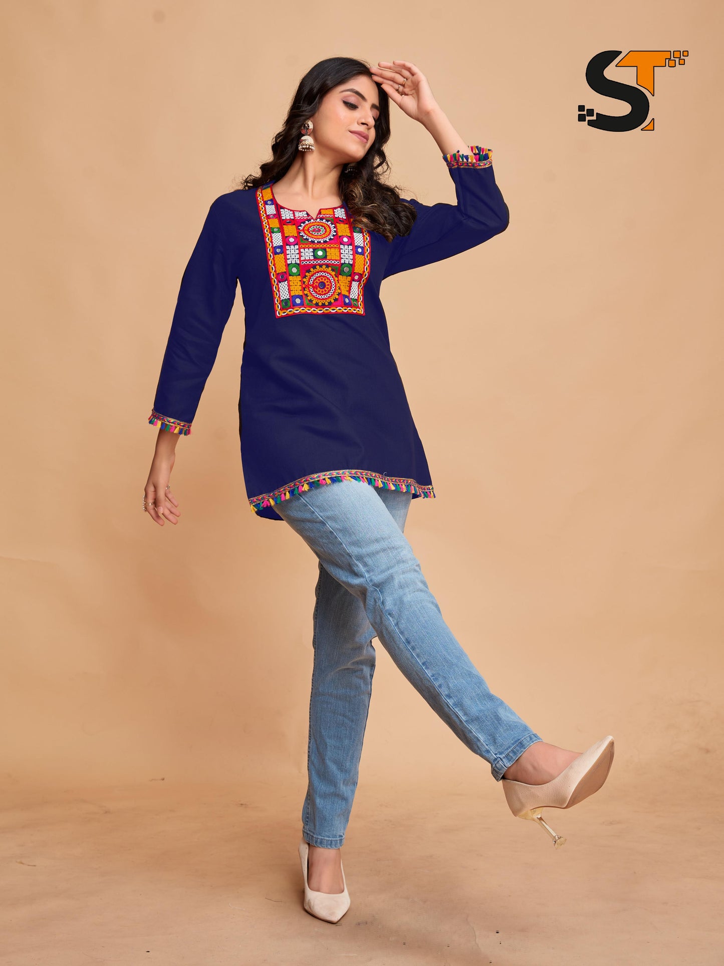 Navy Cotton Top with Vibrant Embroidery