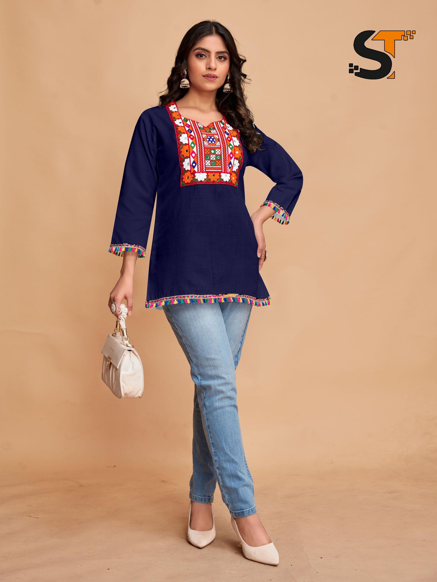 Navy Cotton Top with Vibrant Embroidery
