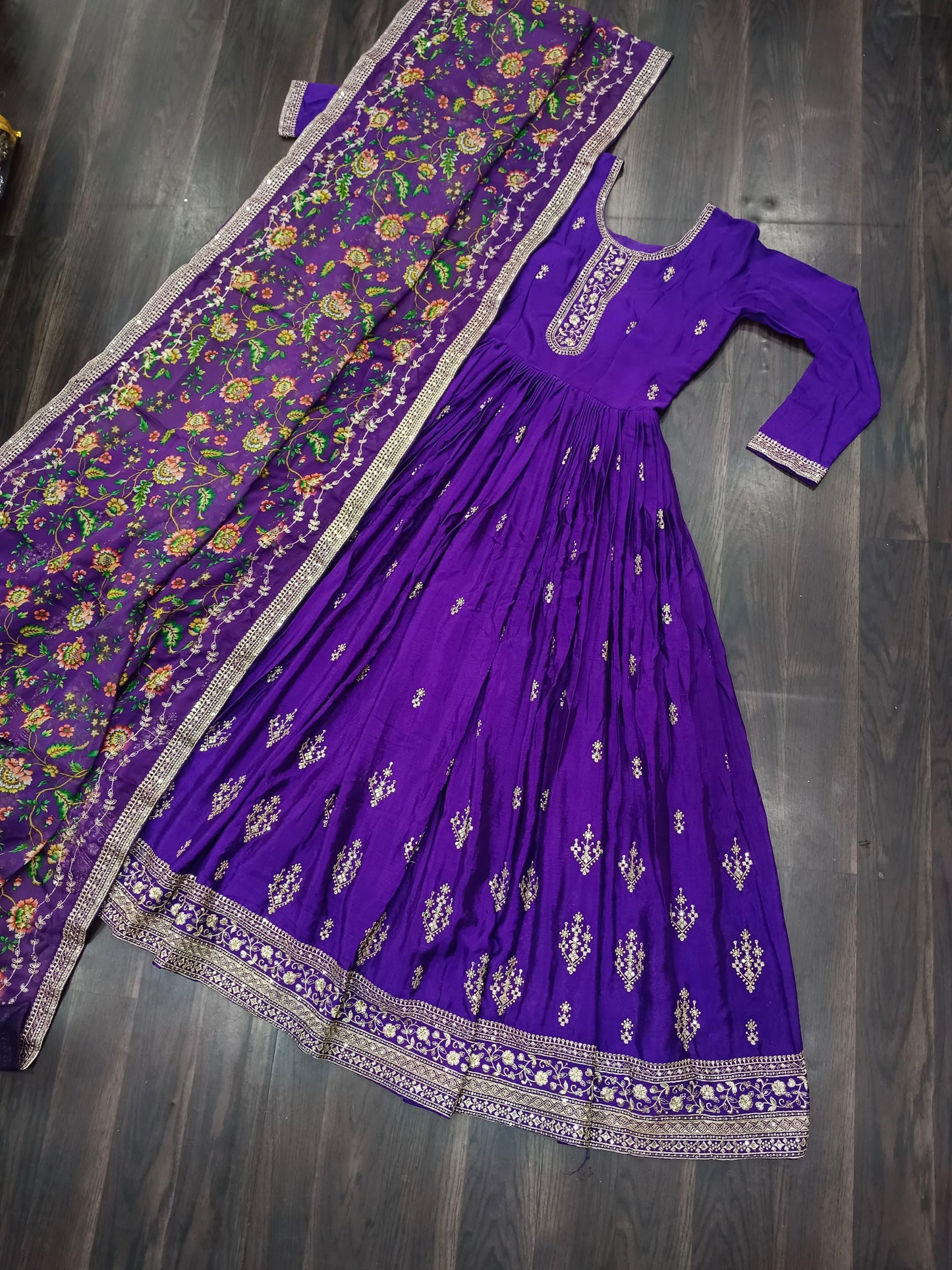 Purple Printed Tebby Silk Sharara Suit