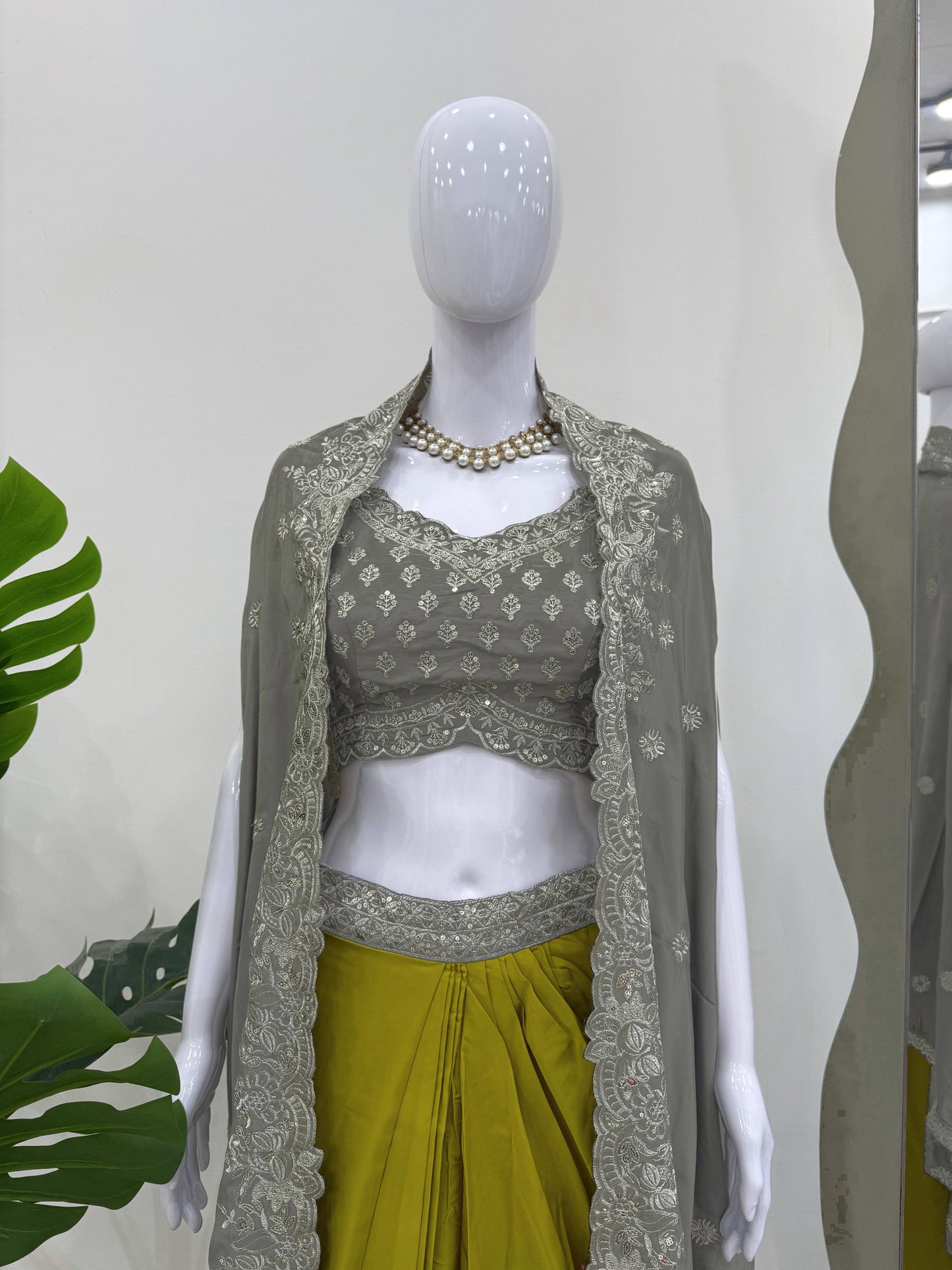 Parrot Green American Crepe Indowestern