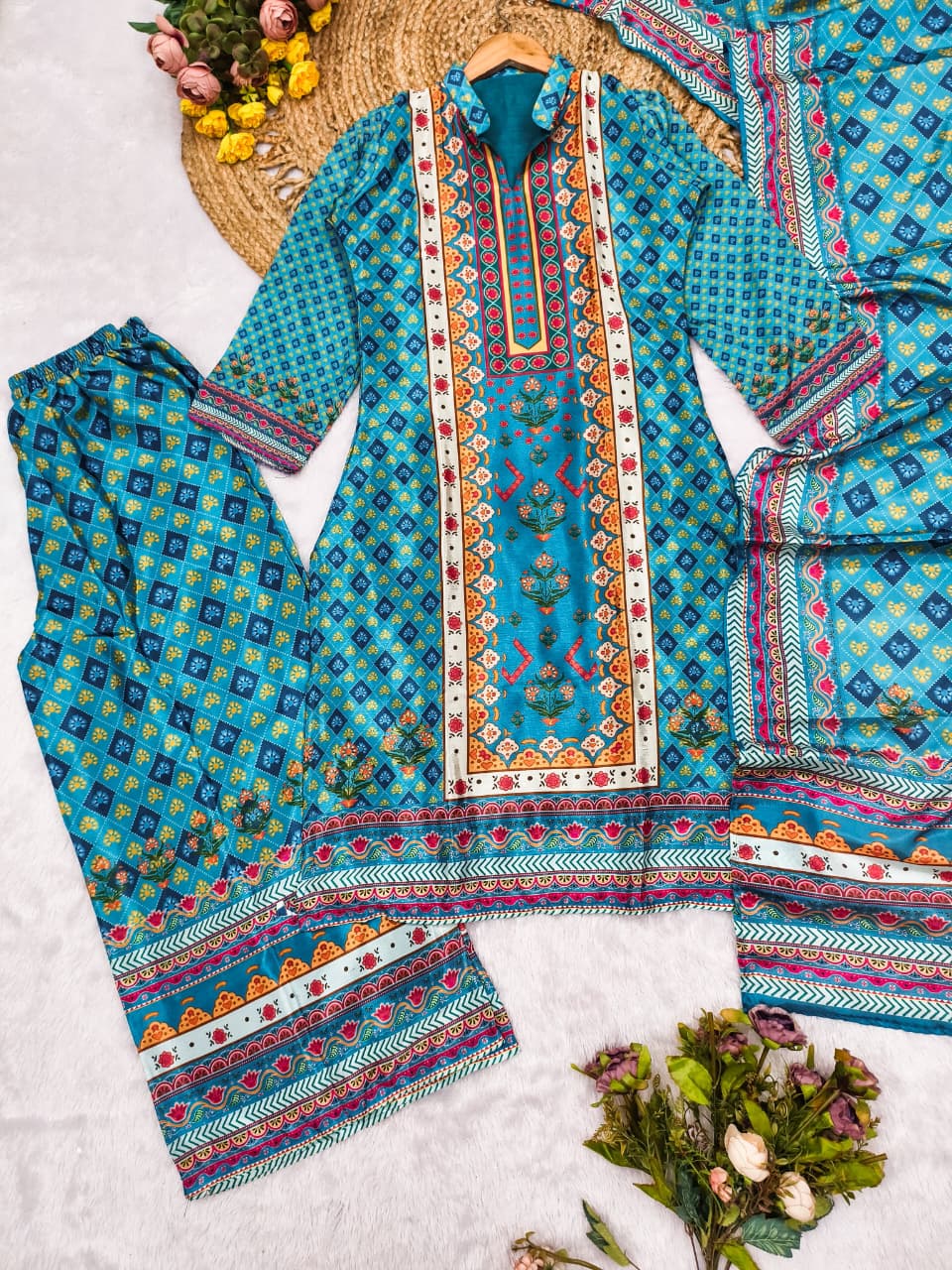 Blue Chinnon Silk 3-Piece