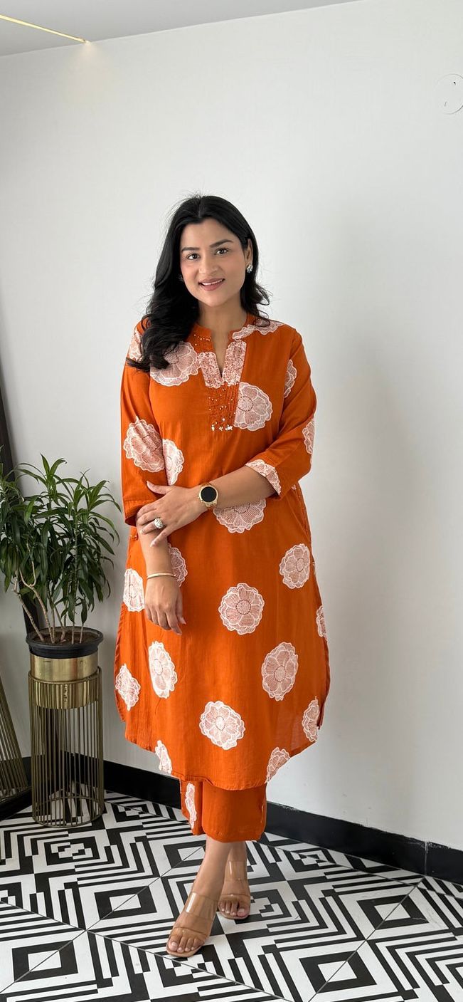 Orange printed cotton Jaipuri co-ord set with traditional print, knee-length, premium fabric.