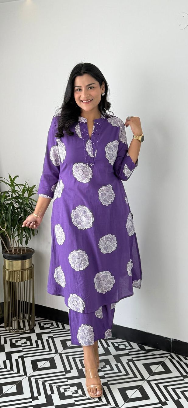 Purple Jaipuri Cotton co-ord set with traditional Jaipuri print, knee-length, made from premium cotton