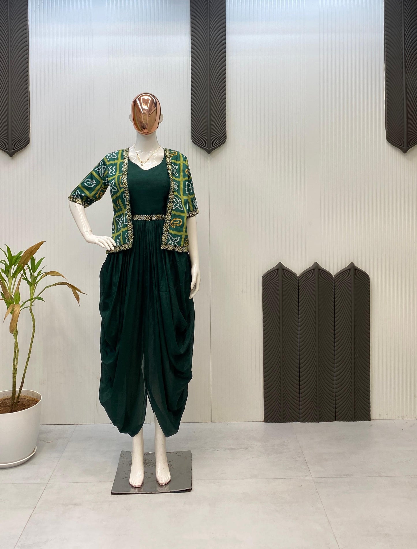 Green Printed Chinon Indo Western