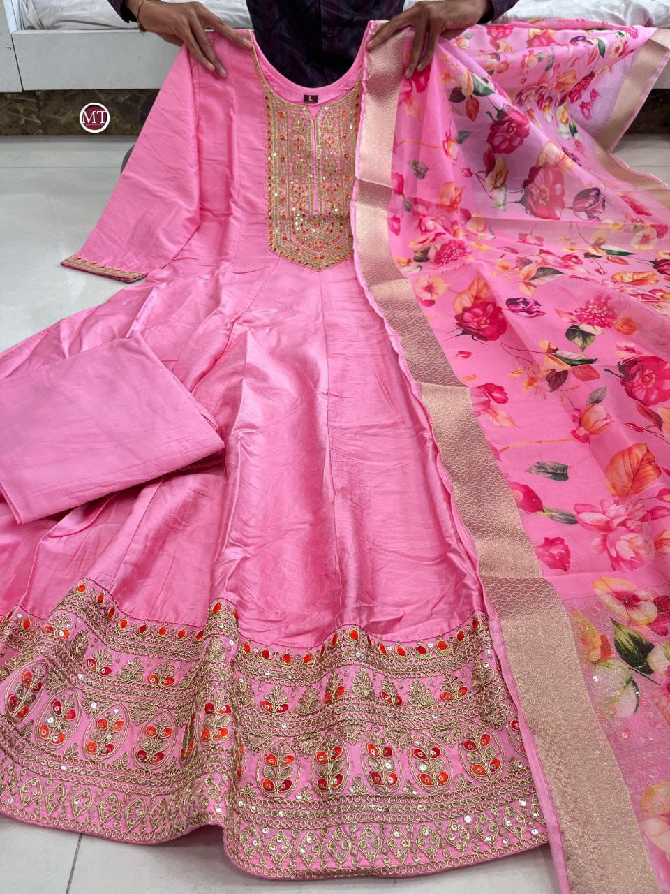 Pink Banarasi Silk Anarkali Kurti
