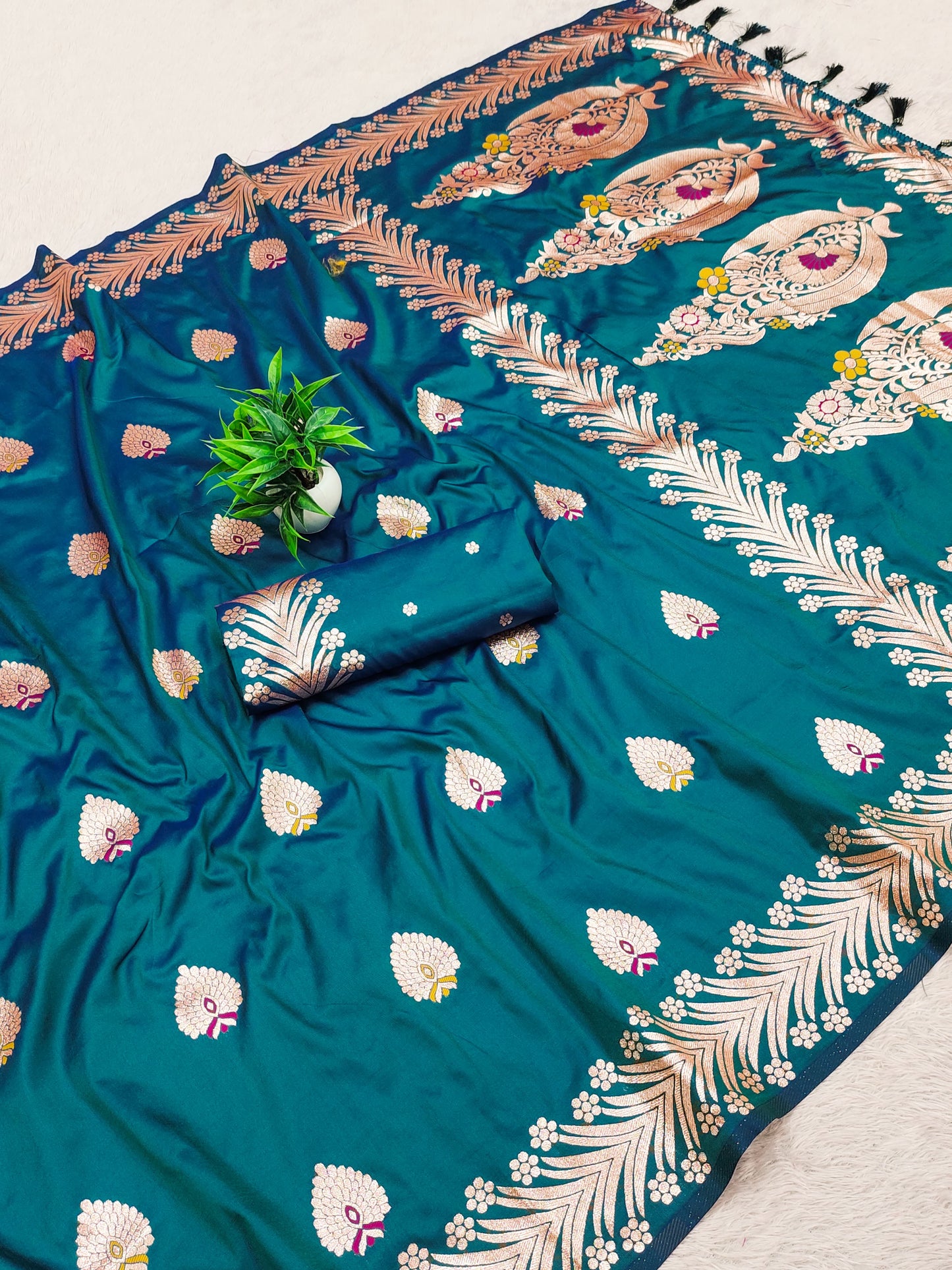 Teal Blue Pure Banarasi Silk Saree