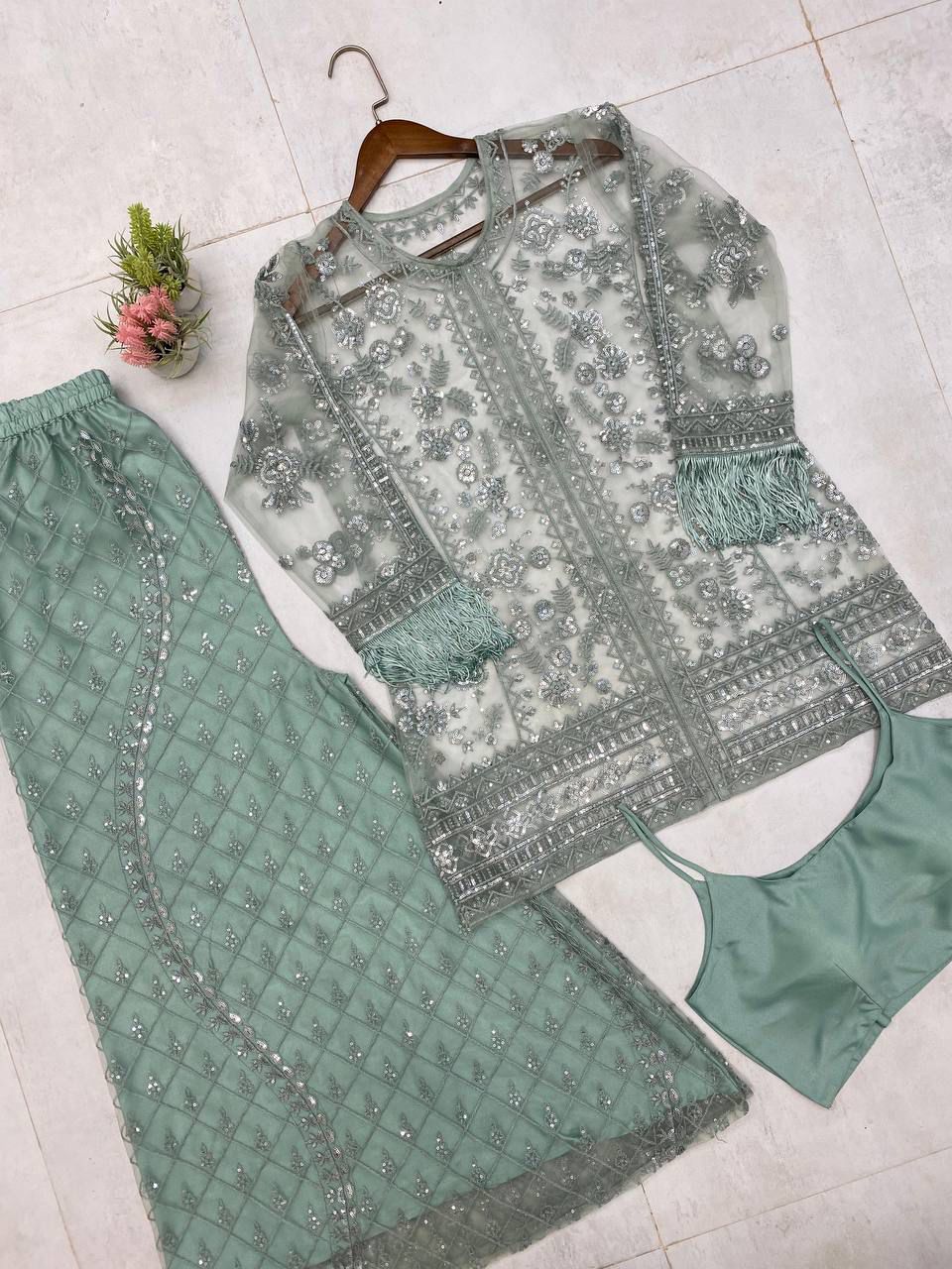 Mint Green Sequins Embroidery Indo Western