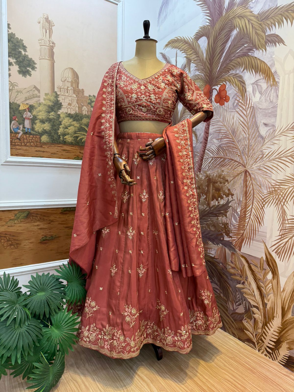 Rust Heavy Embroidery Wedding Lehenga