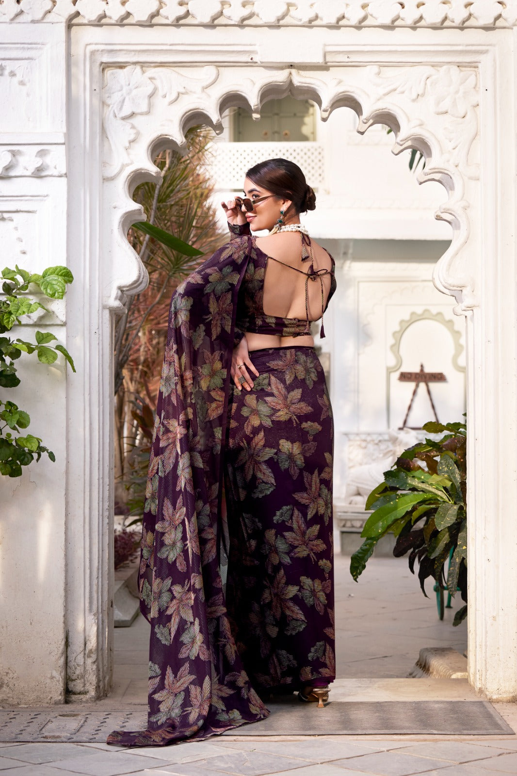 Wine Georgette Leaf Print Saree