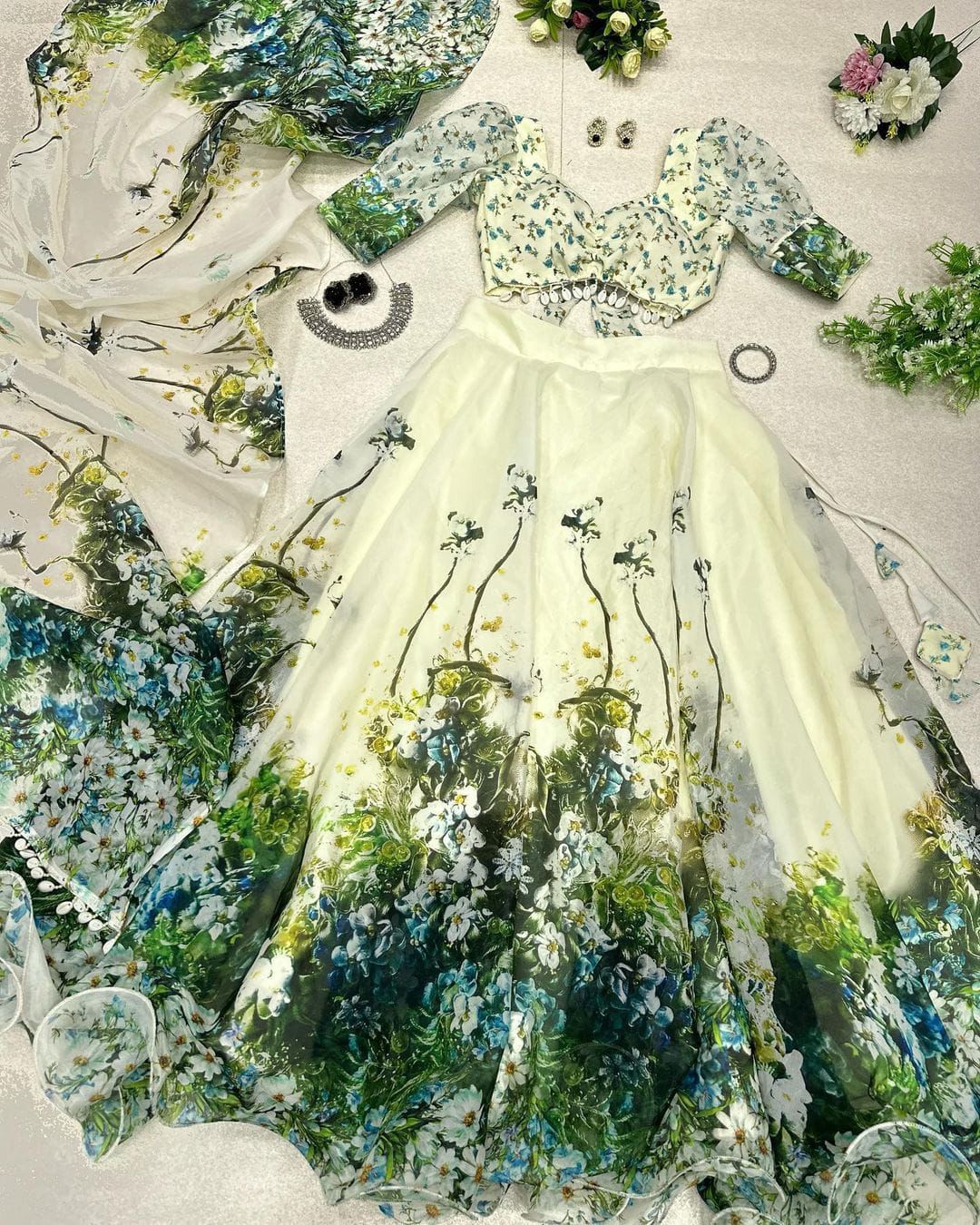 Off-White Digital Printed Wedding Lehenga