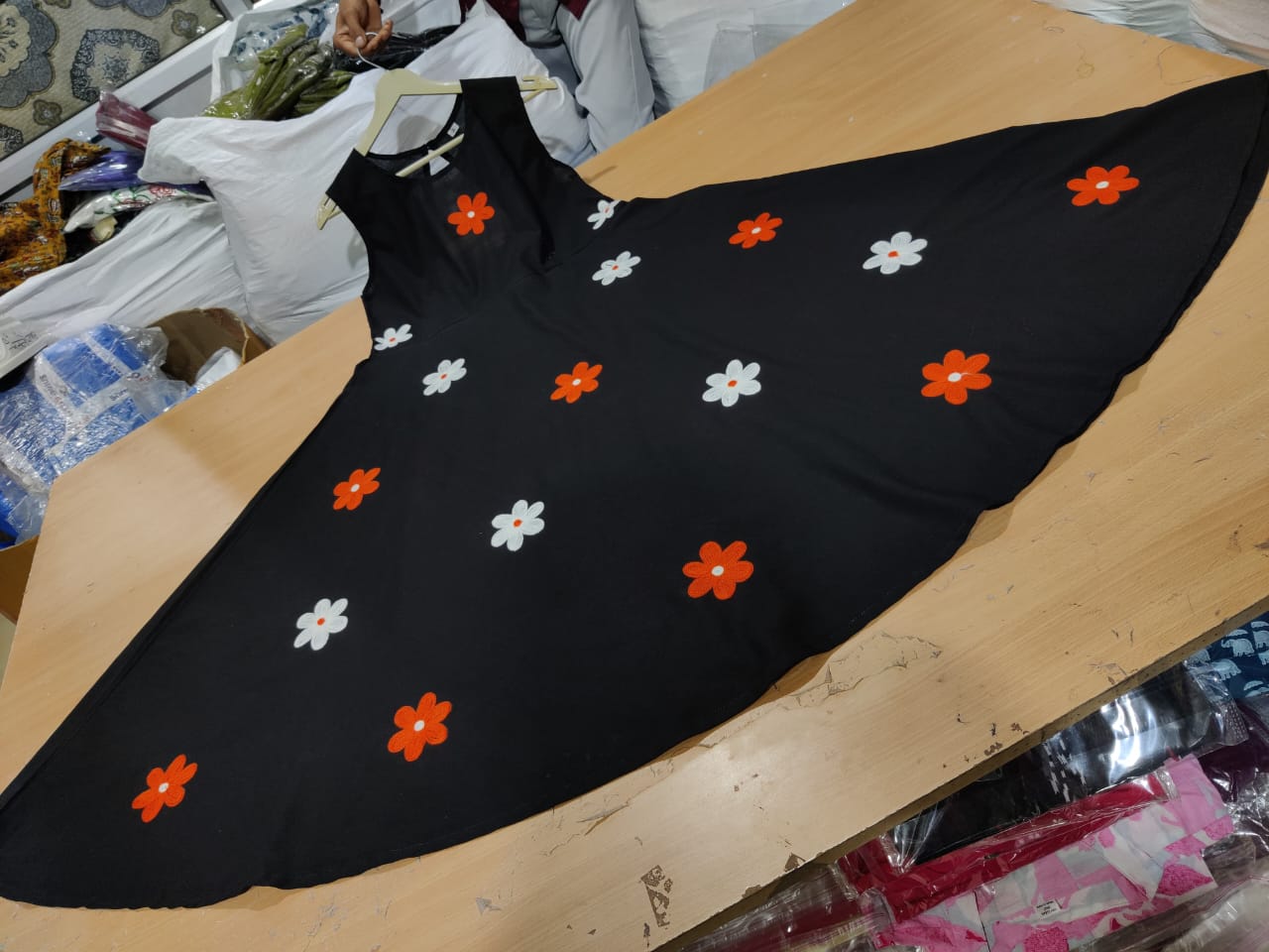 Black Midi Cotton Thread Work Gown