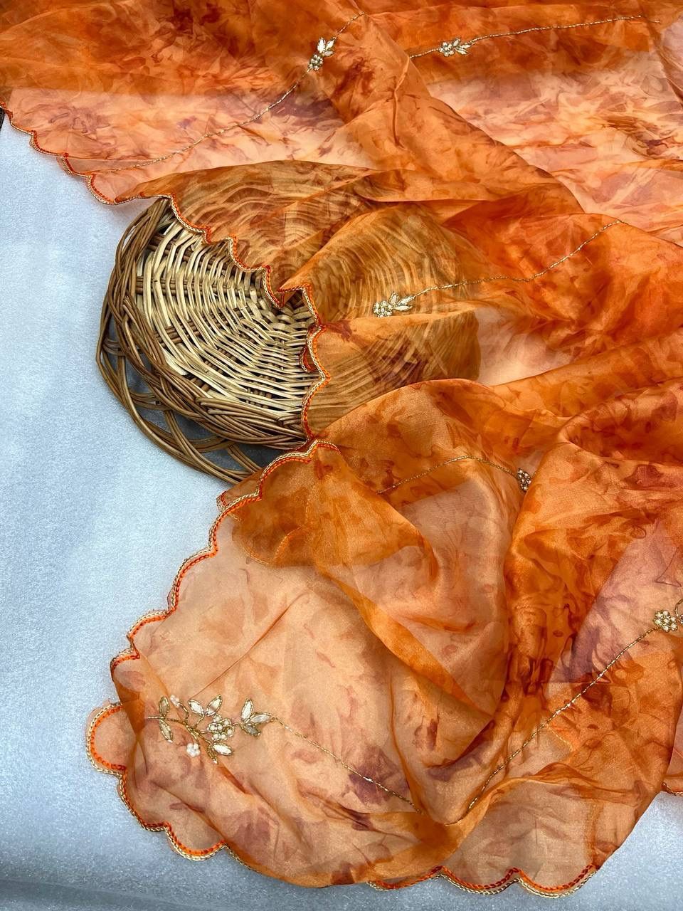 Orange Heavy Embroidery Lightweight Saree