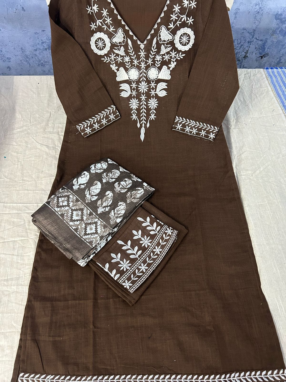 Brown Classic Embroidery Khadi