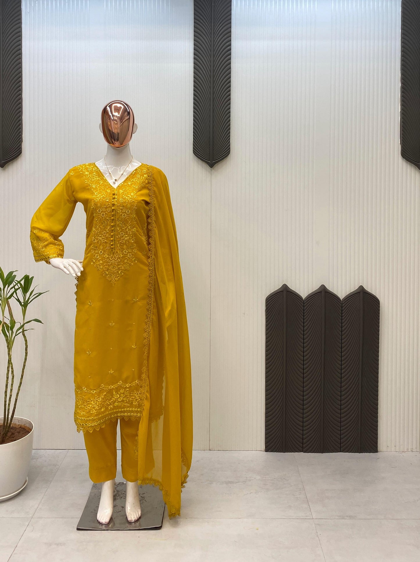 Yellow Elegant Embroidery Kurti & Pant