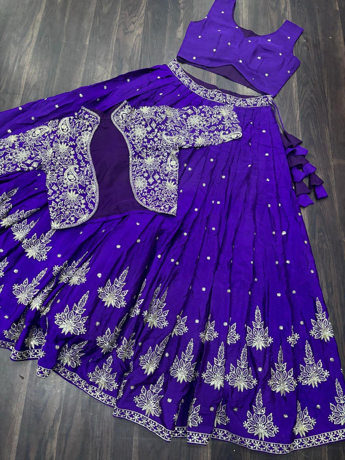 Purple Heavy Chinnon Wedding Lehenga