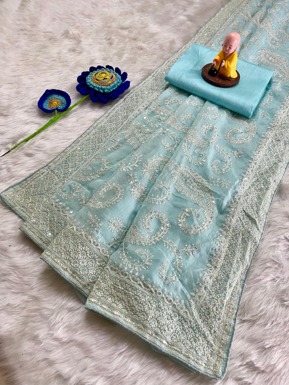 Sky Blue Multi Sequins Embroidery Saree