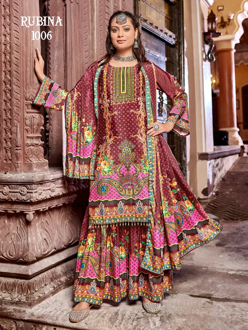 Brown Rubinn Digital Printed Crape Silk Sharara Suit