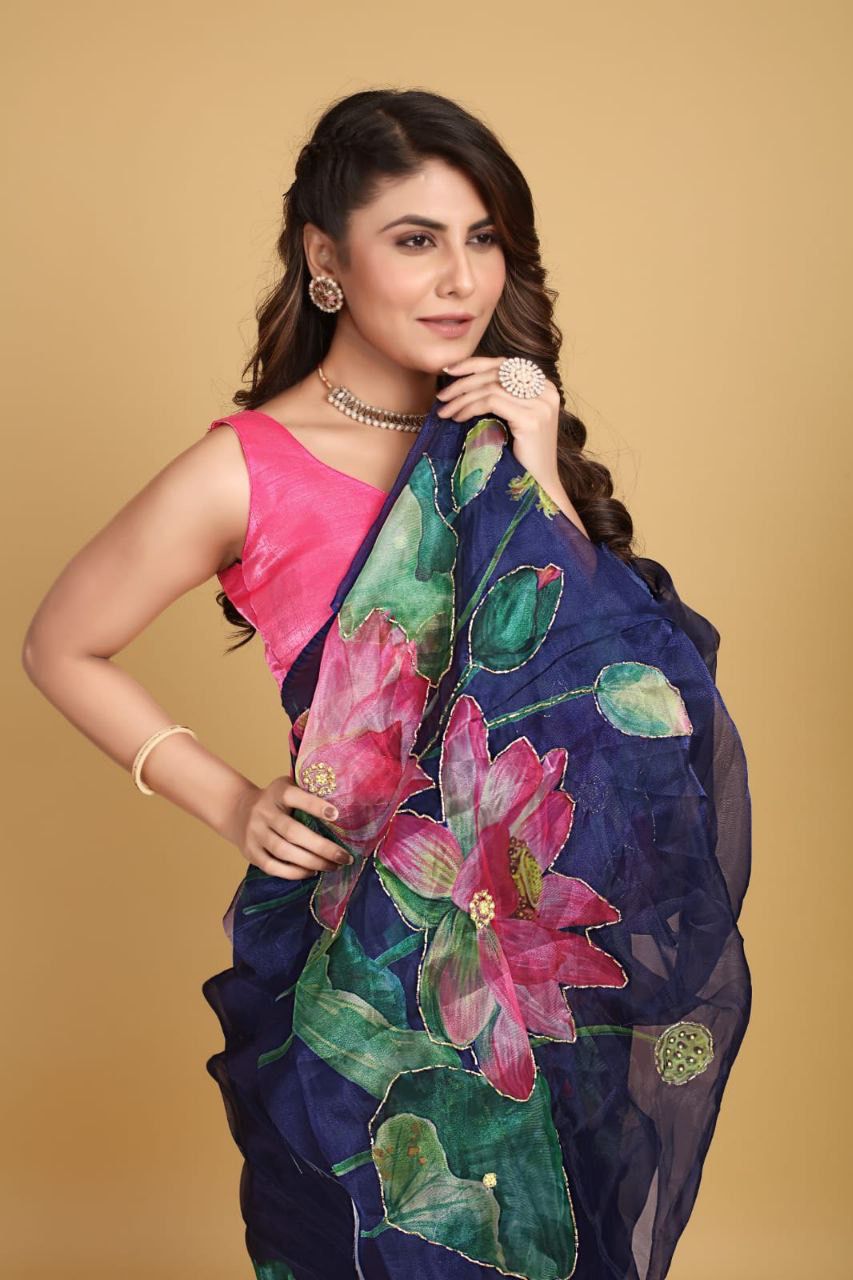 Blue Organza Saree with Pink and Green Floral Print