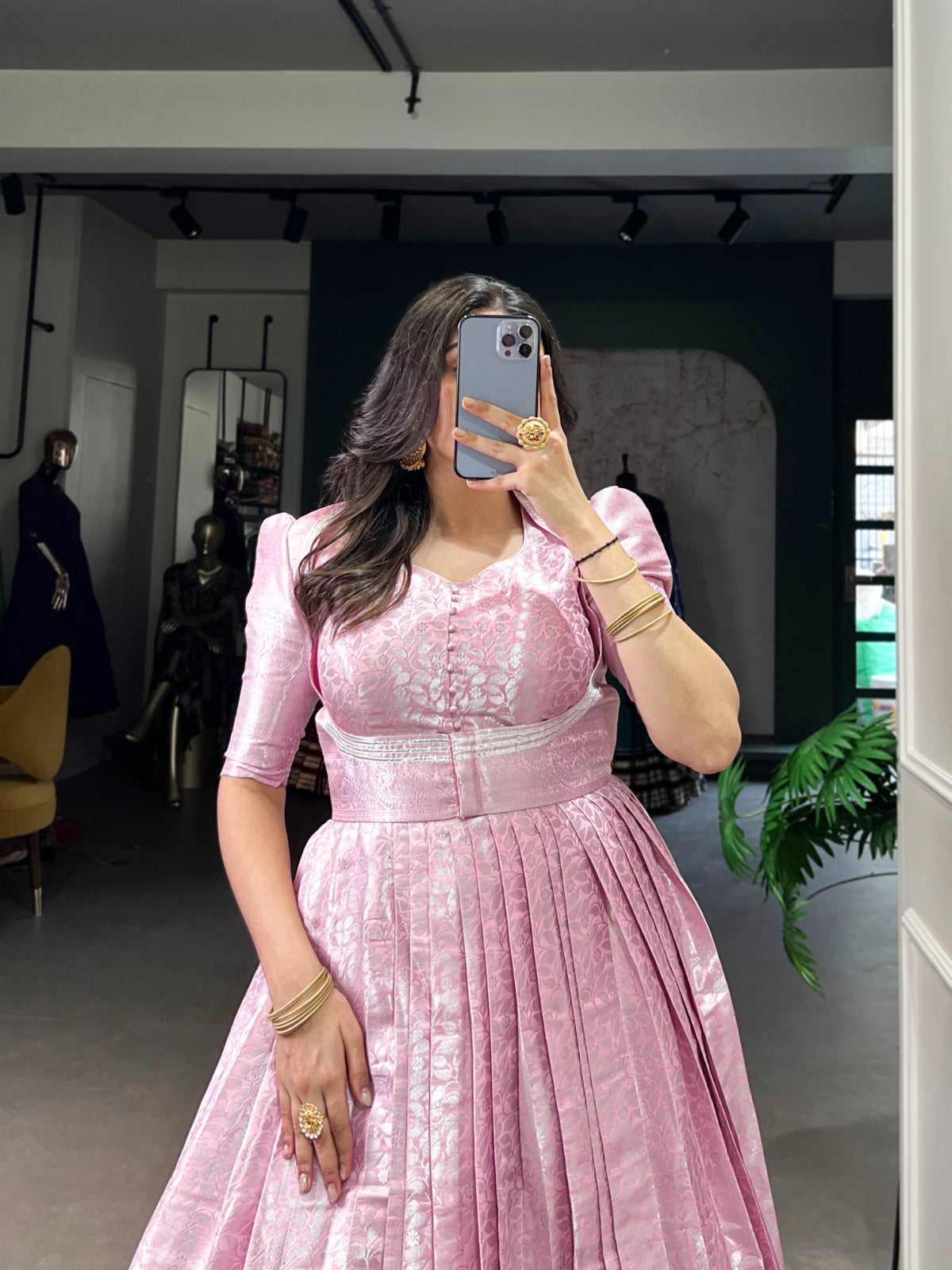 Pink Traditional Zari Weaving Gown Coat