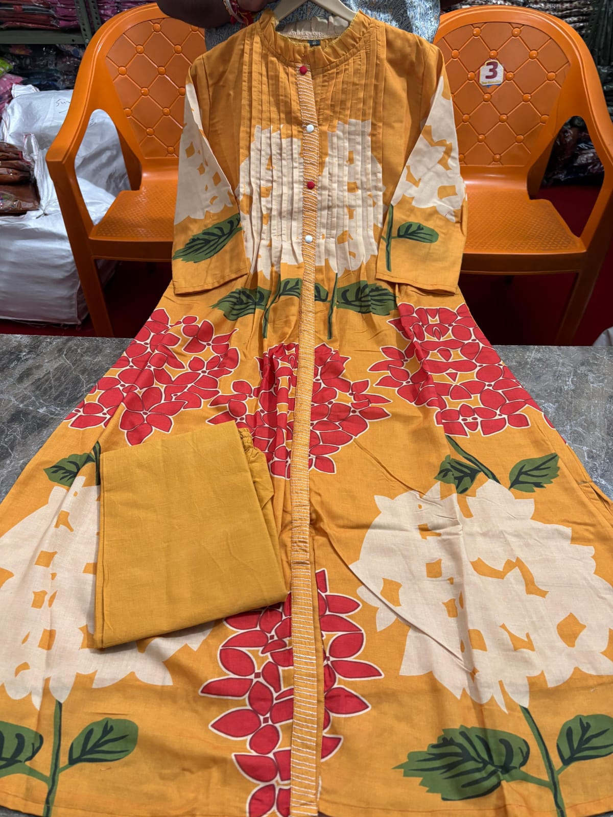 Yellow Mul Cotton co-ord set with pintax and katha embroidery, soft and stylish festive wear