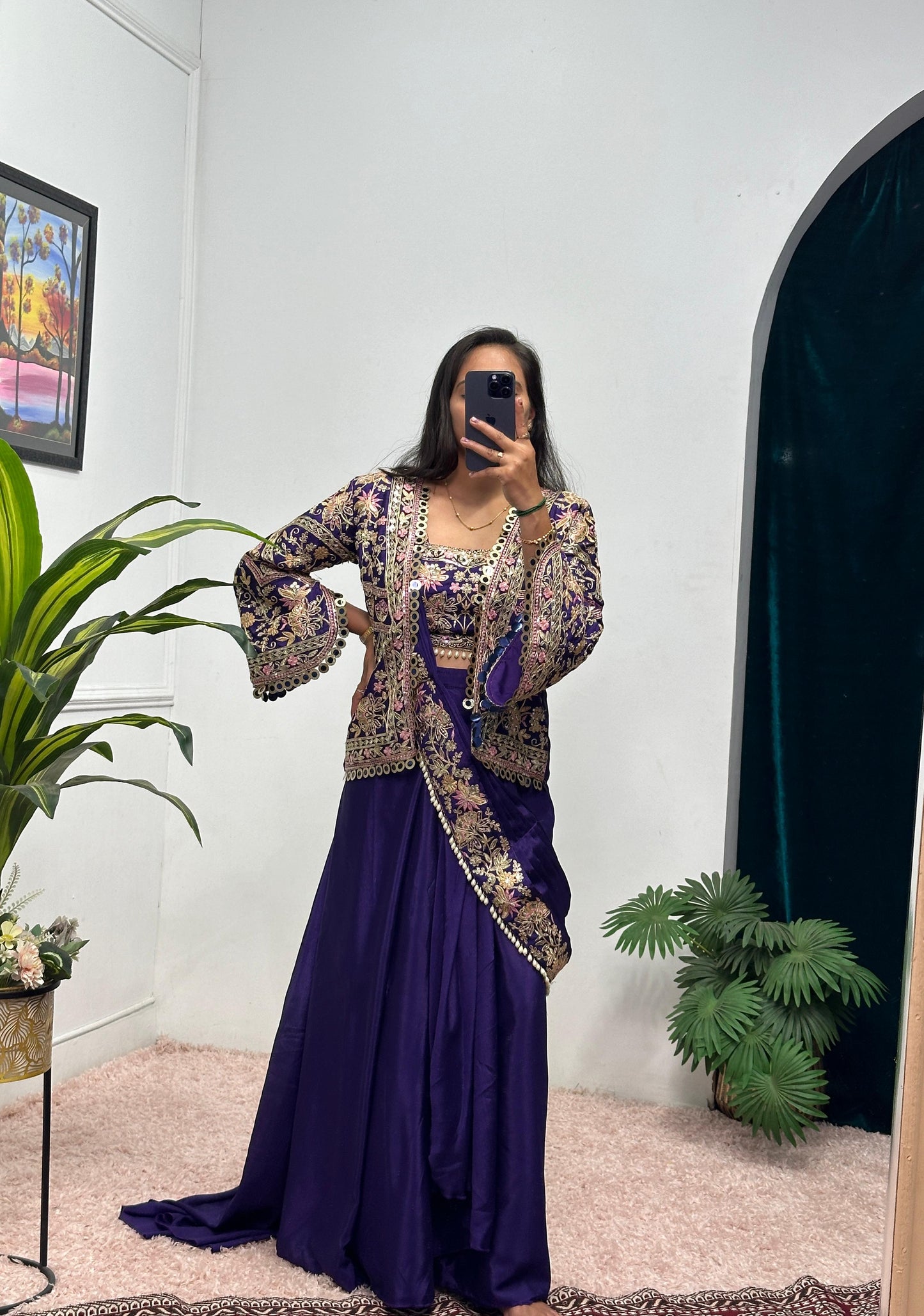 Purple Elegant Embroidery Wedding Saree