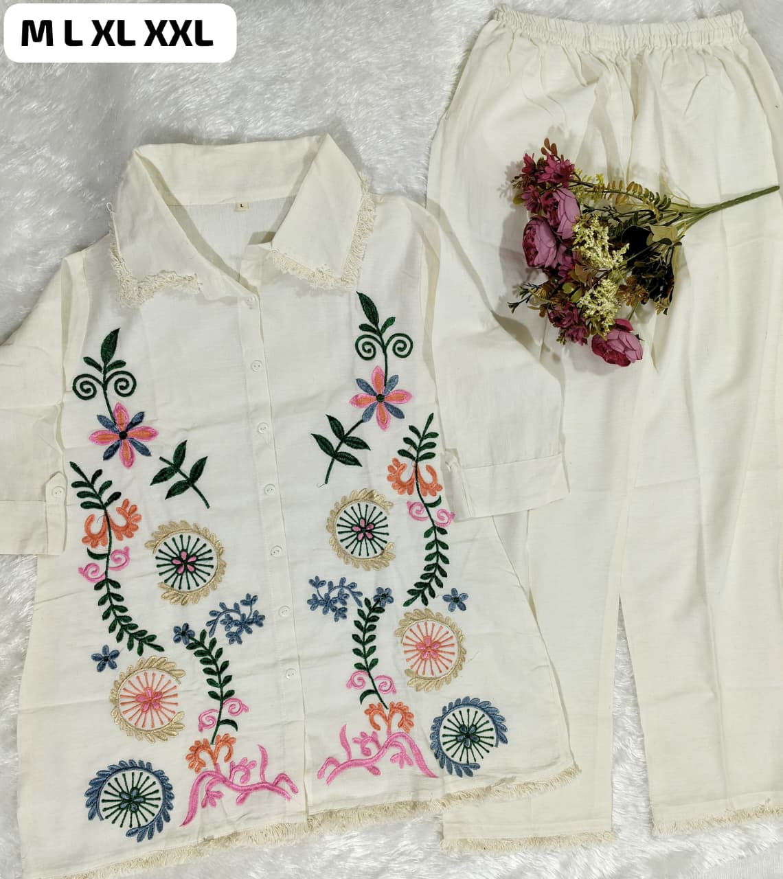 Latest fully embroidered work co-ord set in soft breathable cotton flax with lace detailing on yoke and bottom
