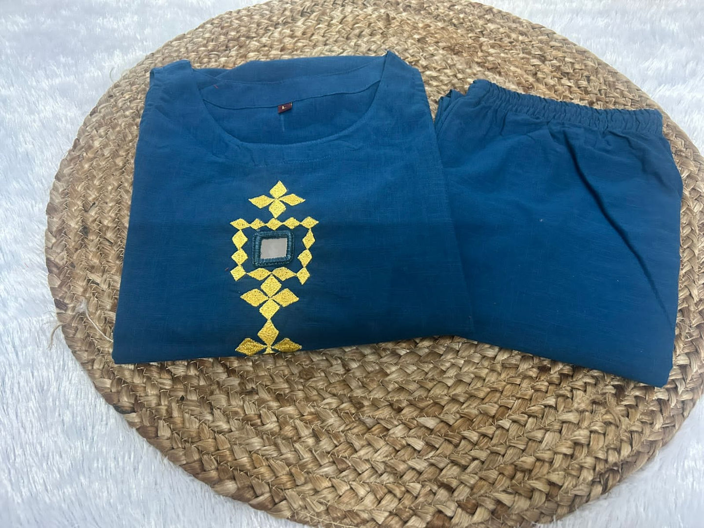 Midnight blue pure cotton mirror work co-ord set with halter neck kurti and slub cotton palazzo pants