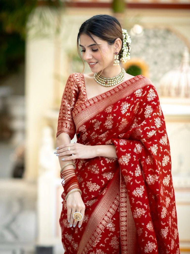 Red Beautiful Golden Zari work Silk Saree
