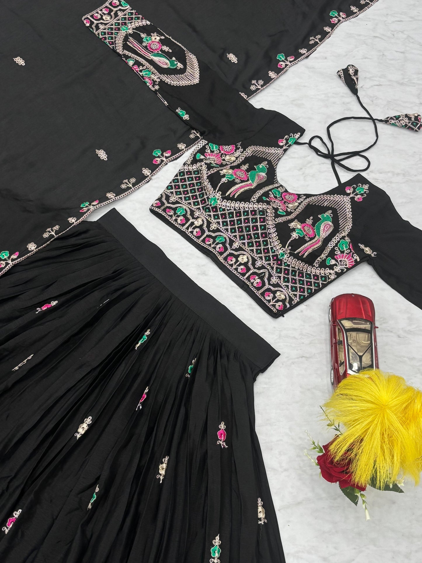 Black Chinon Wedding Lehenga Choli