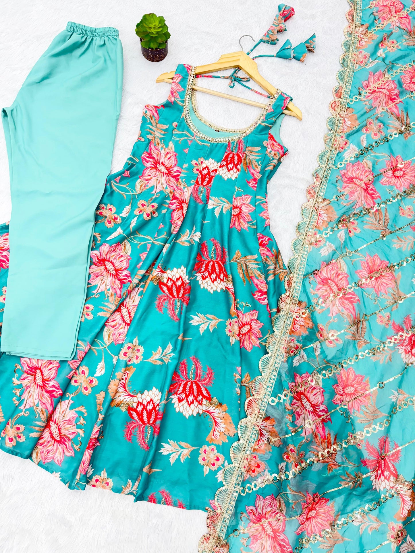 Blue Floral Print Straight Kali Cut Anarkali Suit