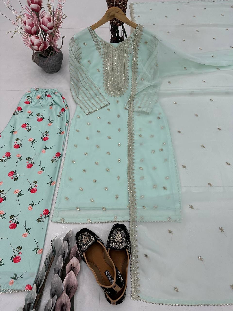 Mint Blue Georgette Embroidered 3 Piece Suit