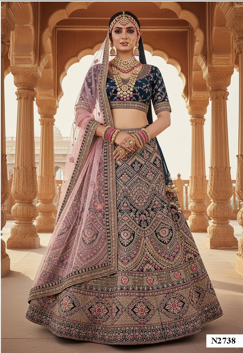 Luxury Navy Blue Embroidered Bridal Lehenga with Pink Dupatta