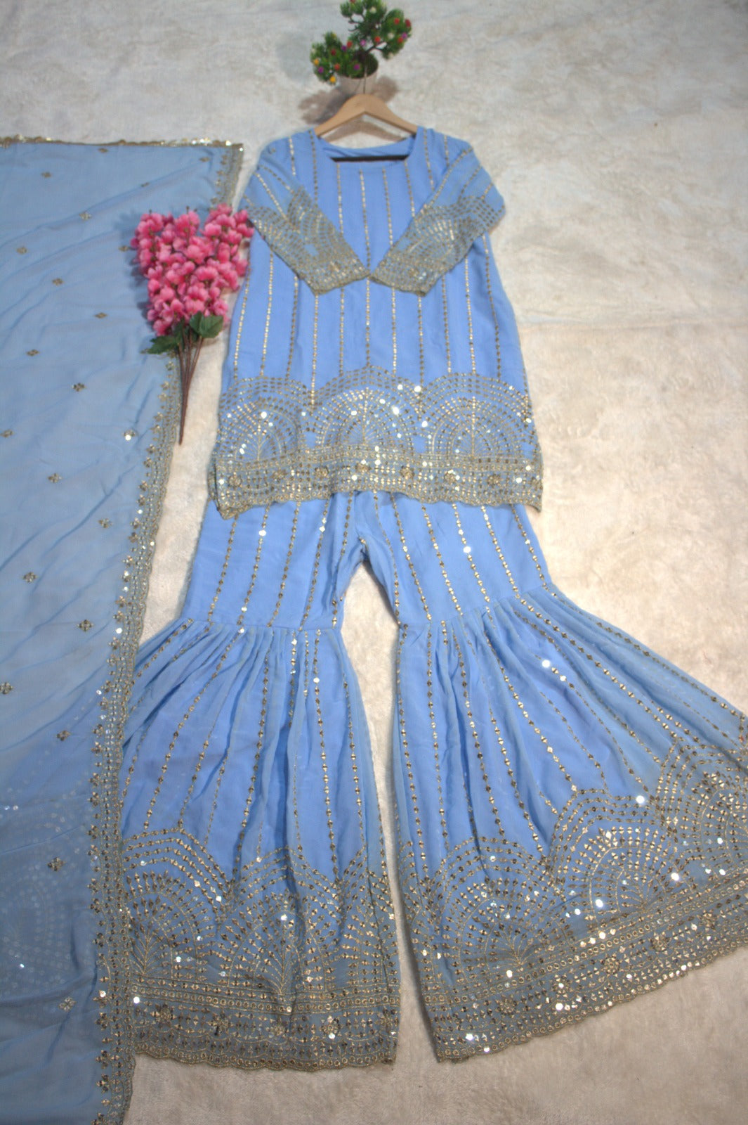 Sky Blue Beautifully Embroidered Georgette Sharara Suit