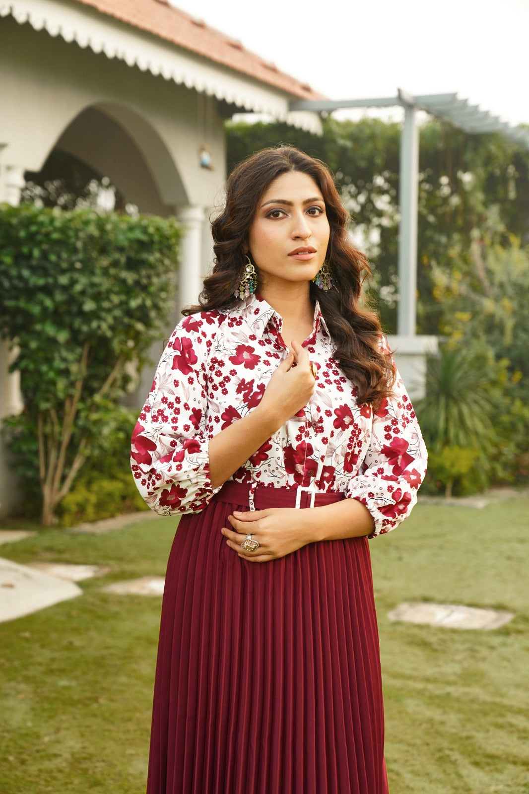 Wine Ready-to-Wear Red Pleated Co-ord Set