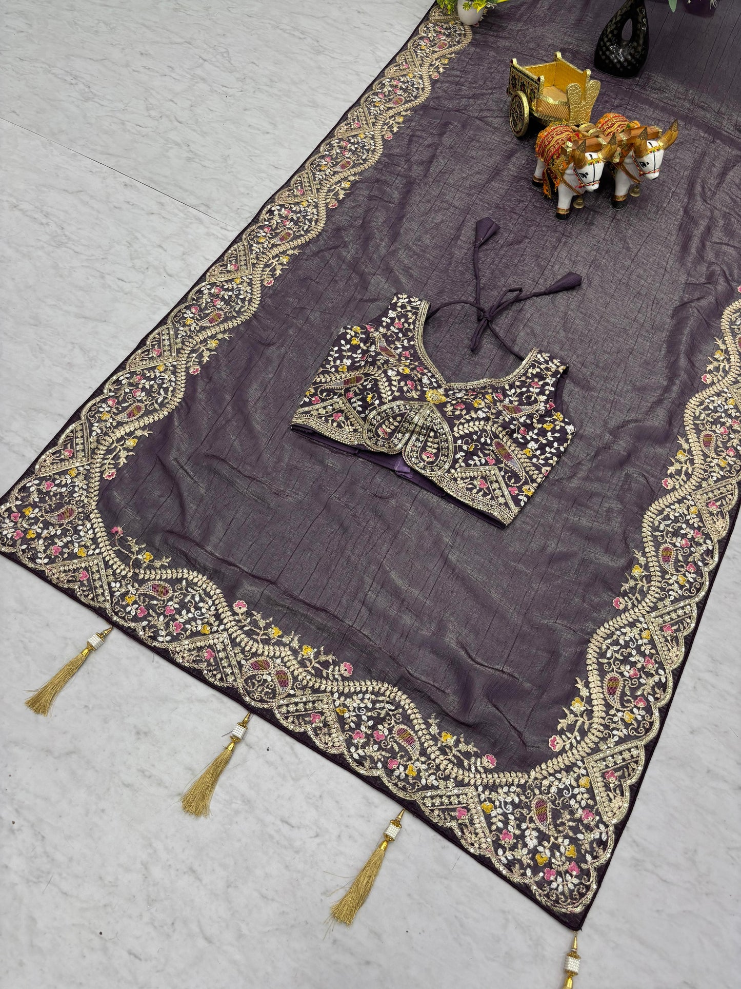 Purple Silver Crunchi Embroidered Work Saree