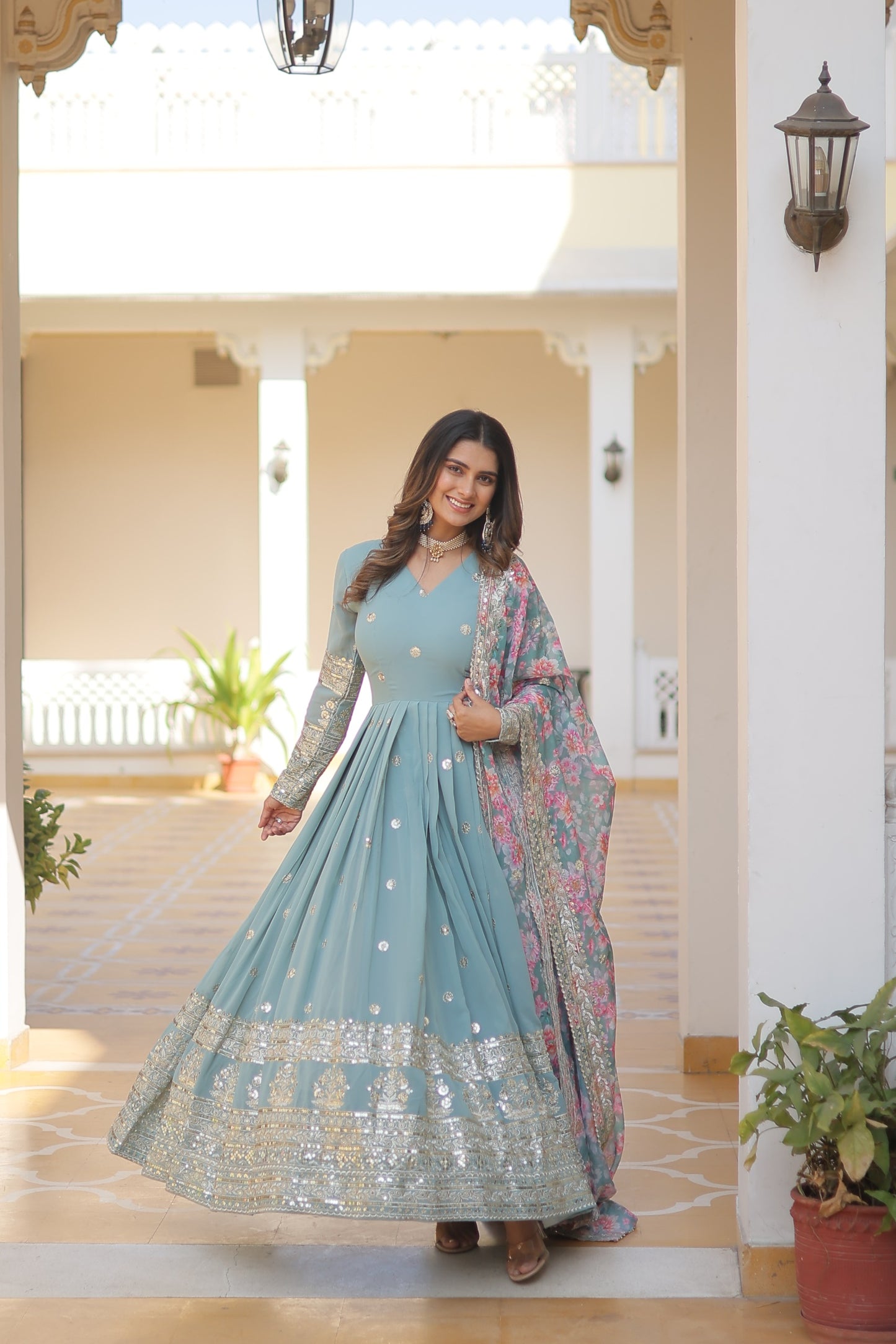 Blue Faux Georgette Designer Readymade Gown