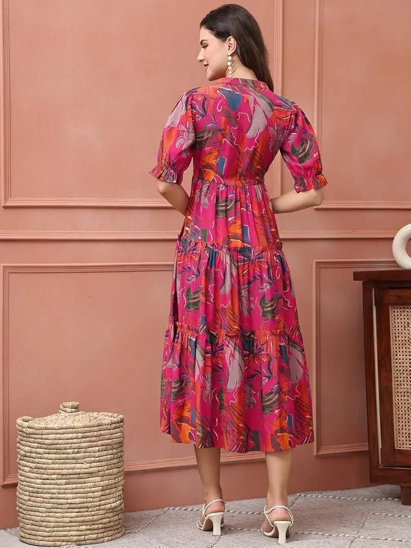 Pink Beautiful Floral Printed Midi Dress