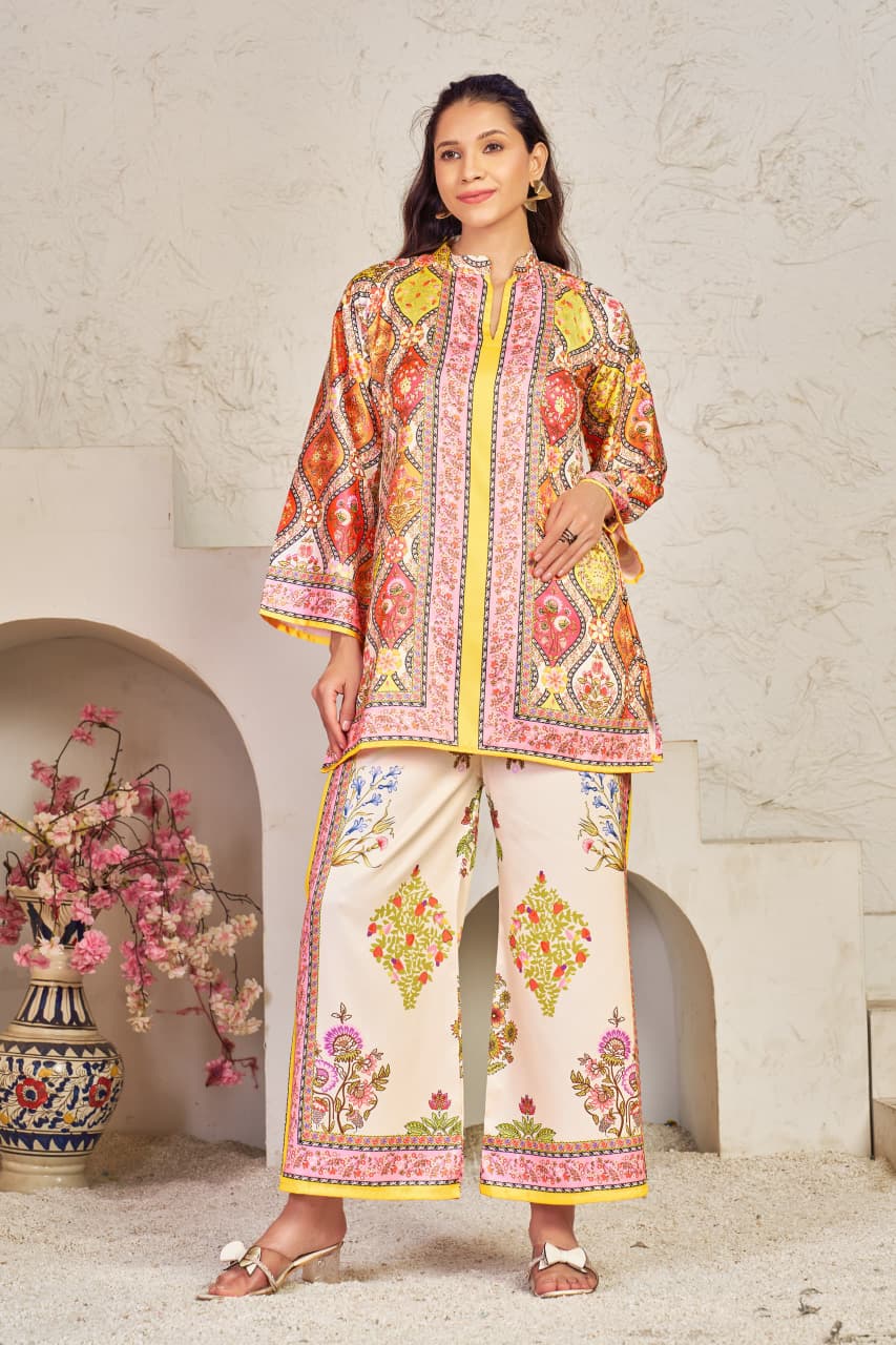Multicolour beautiful printed western co-ord set in premium satin with elegant digital design and relaxed fit