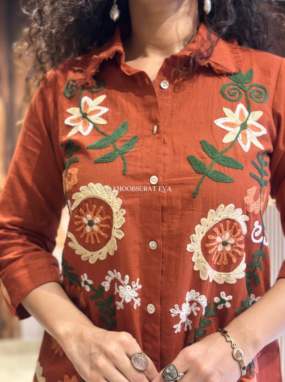 Brown pure cotton flax western co-ord set with floral embroidery and fringe detailing