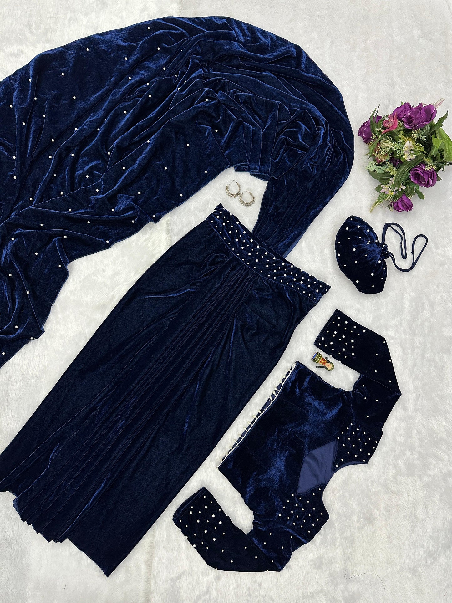 Nevy Blue Premium Velvet Indo Western Saree