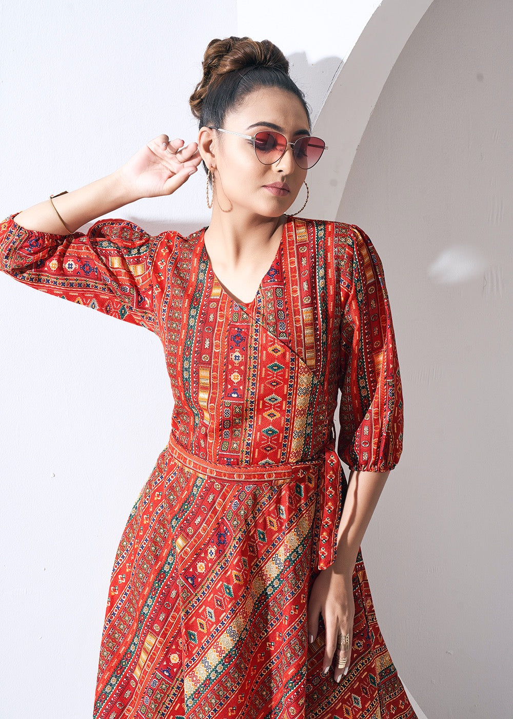 Red Capsul Cotton Printed Western Dress
