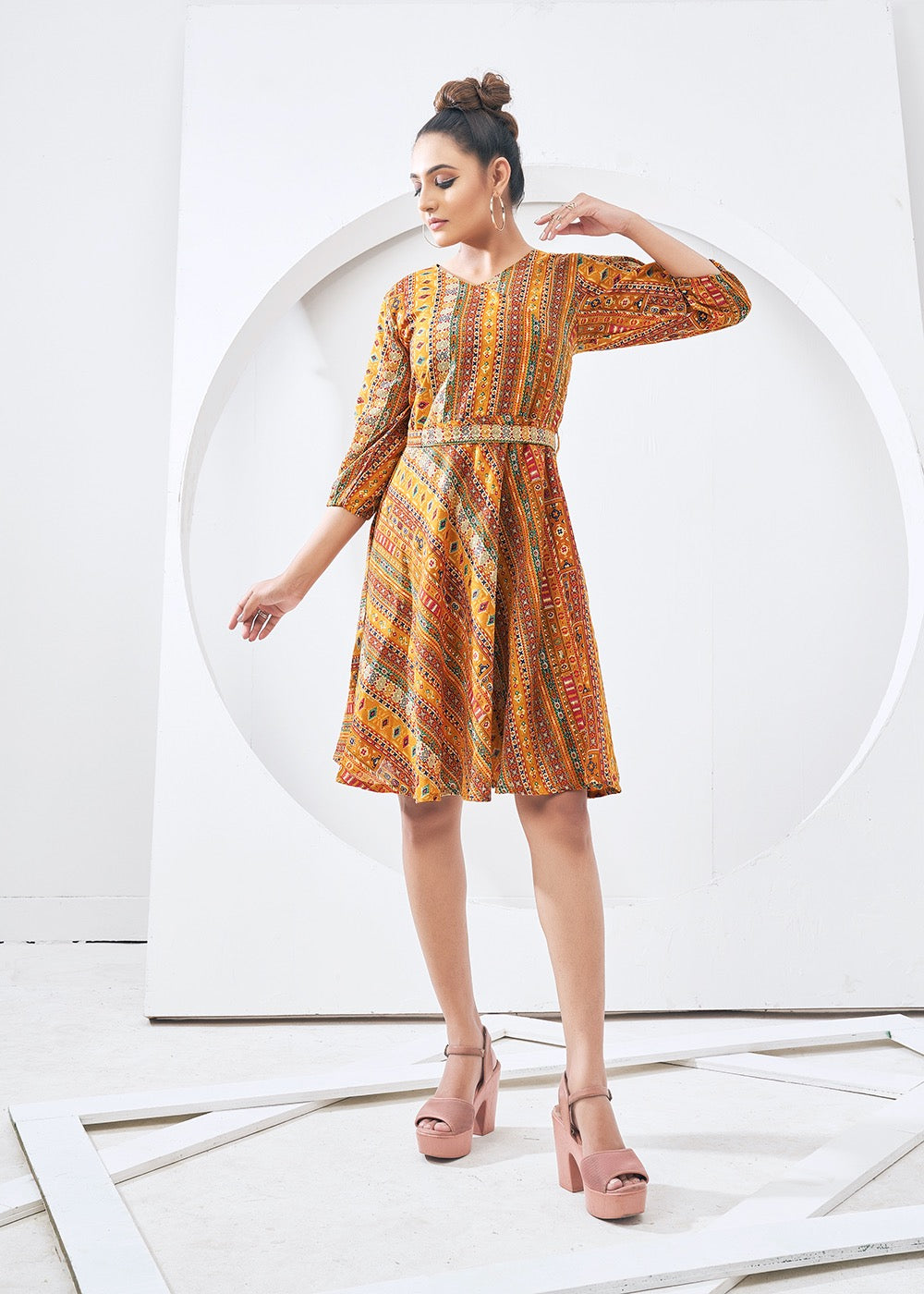 Orange Rayaon Digital Printed Short Dress