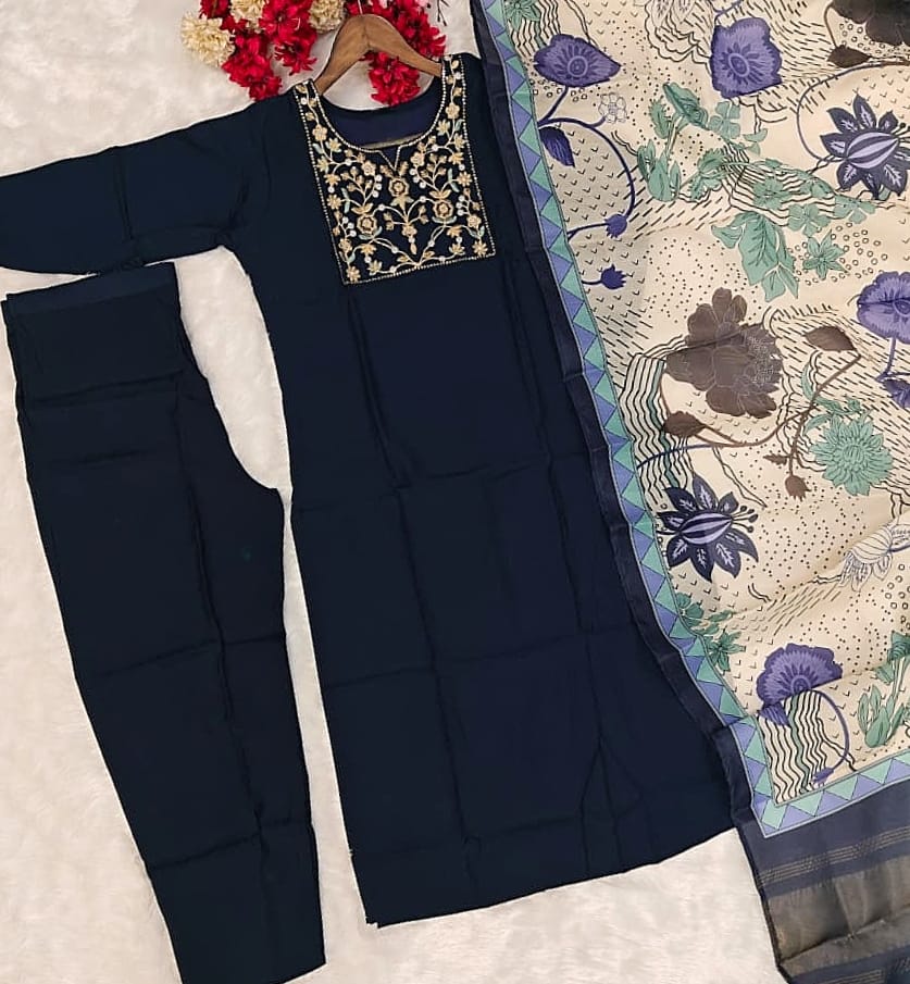 Nevy Blue Embroidered Straight Kurta with Pants