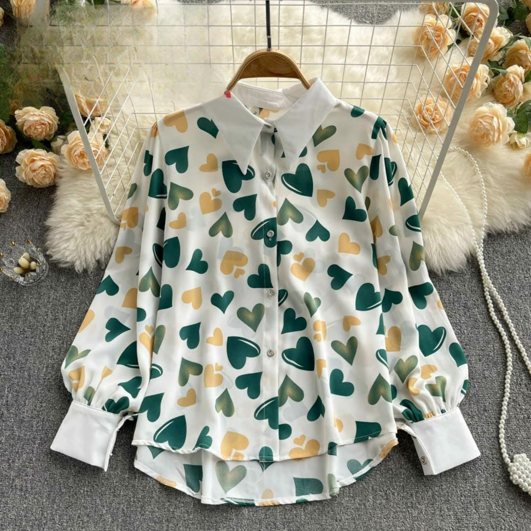 Green & Gold Heart Motif Casual Shirt for Women