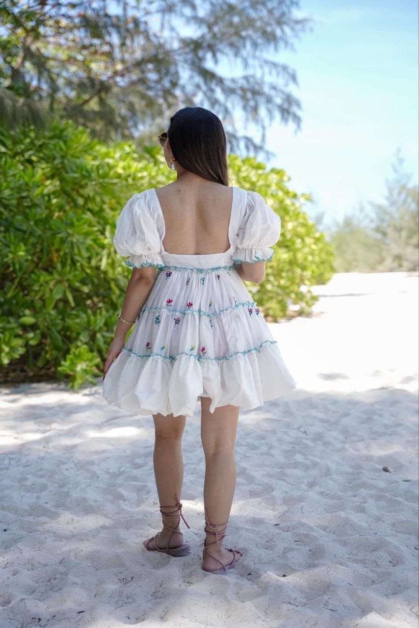 White Floral Embroidered Puff-Sleeve Dress