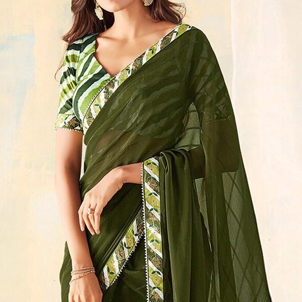 Dark Green Bright Silk Saree with Lace Work